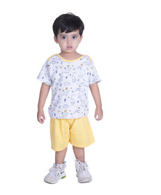 Kid Kupboard Cotton Baby Boys T-Shirt and Short, White and Yellow, Half-Sleeves, Crew Neck, 2-3 Years KIDS4735