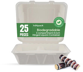 25 Pieces Biodegradable 3 Compartment 8 Inch Hinged Square Container