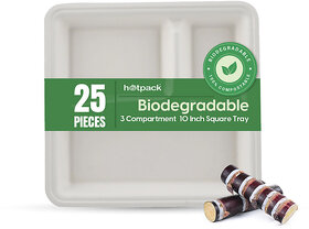 25 Pieces Biodegradable 3 Compartment 10 Inch Sqaure Tray