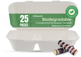 25 Pieces Biodegradable 2 Compartment Rectangular Clamshell Takeaway Container