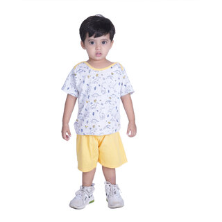 Kid Kupboard Cotton Baby Boys T-Shirt and Short, White and Yellow, Half-Sleeves, Crew Neck, 2-3 Years KIDS4735