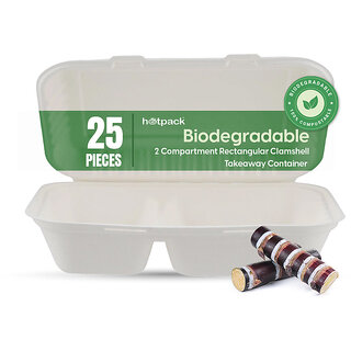 25 Pieces Biodegradable 2 Compartment Rectangular Clamshell Takeaway Container