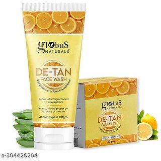                       Globus Naturals De Tan Face Wash & Facial Kit Combo, Tan Removal Formula, For All Skin Types                                              