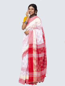 AngaShobha White Red  Cotton Blend Checks Saree With Running  Blouse Piece