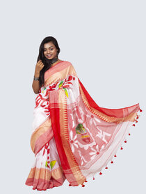 AngaShobha White Red  Cotton Blend Self Design Saree With Running  Blouse Piece