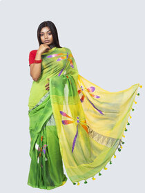AngaShobha Green Cotton Blend Self Design Saree With Running  Blouse Piece