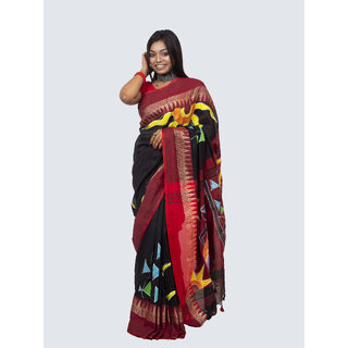                       AngaShobha Black Red  Cotton Blend Self Design Saree With Running  Blouse Piece                                              