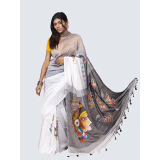                       AngaShobha White Cotton Blend Self Design Saree With Running  Blouse Piece                                              
