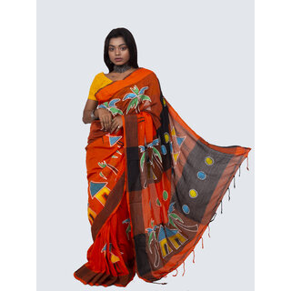                       AngaShobha Orange Cotton Blend Self Design Saree With Running  Blouse Piece                                              
