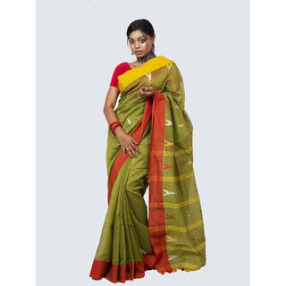                       AngaShobha Olive Cotton Blend Solid Saree With Running  Blouse Piece                                              