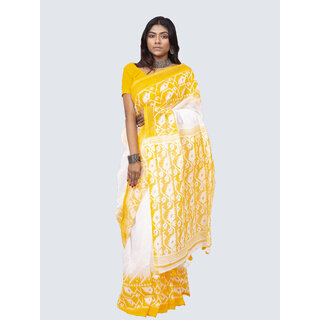                       AngaShobha White Yellow  Cotton Blend Solid Saree With Running  Blouse Piece                                              