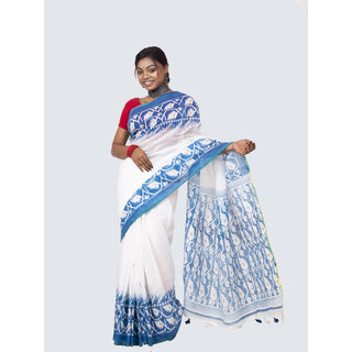                       AngaShobha White Blue Cotton  Blend Print  Solid Saree With Running  Blouse Piece                                              