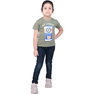                       Kid Kupboard Cotton Girls T-Shirt, Olive Green, Half-Sleeves, Crew Neck, 6-7 Years KIDS4789                                              