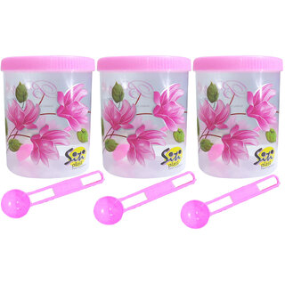                       Beautiful Flower Printed Plastic Round Shape Container with Spoon Airtight Kitchen Containers Set of 3-500 ml Plastic Grocery Container(Pink,Pack of 3)                                              