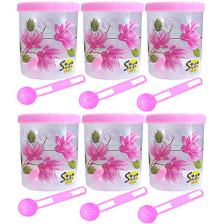                       Beautiful Flower Printed Plastic Round Shape Container with Spoon Airtight Kitchen Containers Set of 6-500 ml Plastic Grocery Container(Pink,Pack of 6)                                              