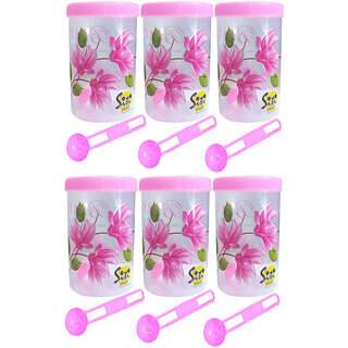                       Beautiful Flower Printed Plastic Round Shape Container with Spoon Airtight Kitchen Containers Set of 6-750 ml Plastic Grocery Container(Pink,Pack of 6)                                              