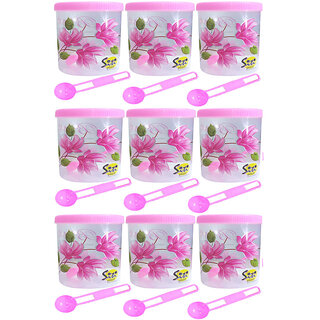                       Beautiful Flower Printed Plastic Round Shape Container with Spoon Airtight Kitchen Containers Set of 9-500 ml Plastic Grocery Container(Pink,Pack of 9)                                              