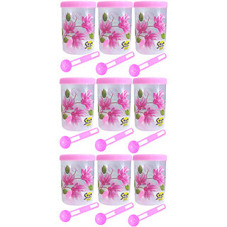                       Beautiful Flower Printed Plastic Round Shape Container with Spoon Airtight Kitchen Containers Set of 9-750 ml Plastic Grocery Container(Pink,Pack of 9)                                              