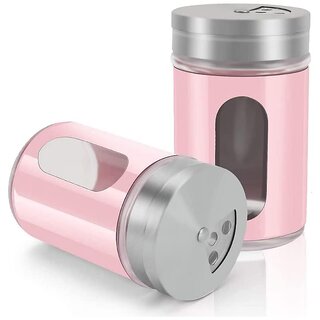                       Glass Spices Shaker Jars Set of 2 with Steel Adjustable Pour Holes lid for Spices,Salt,Pepper and Multi Use for Kitchen Storage(Pink,Color Send As per Availability)                                              
