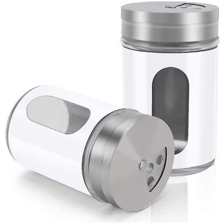                       Glass Spices Shaker Jars Set of 2 with Steel Adjustable Pour Holes lid for Spices,Salt,Pepper and Multi Use for Kitchen Storage(White,Color Send As per Availability)                                              