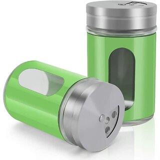                       Glass Spices Shaker Jars Set of 2 with Steel Adjustable Pour Holes lid for Spices,Salt,Pepper and Multi Use for Kitchen Storage(Green,Color Send As per Availability)                                              