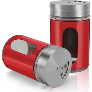                       Glass Spices Shaker Jars Set of 2 with Steel Adjustable Pour Holes lid for Spices,Salt,Pepper and Multi Use for Kitchen Storage(Red,Color Send As per Availability)                                              