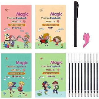 Wox  Magic Practice Copybook, (4 BOOK+10 REFILL+1 pen+1 grip) Number Tracing Book for Preschoolers with Pen, Magic Calligraphy Copybook Set Practical Reusable Writing Tool Simple Hand Lettering