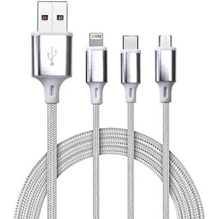 CHAMPION USB Type C Cable 1 m Braided 3 In 1 Quick Charging Data Cable 2.4Amp (Compatible with Mobile Charging & Data Transfer, Gray, One Cable)