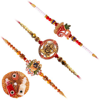                       Aseenaa Elegant Ganesha Rakhi For Beloved Brother With Tilak Material  Set Of 3  Color - Multicolor                                              