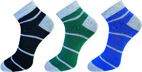 USOXO Soft Breathable Combed Cotton Ankle Socks For Men Pack Of 3 (Black, Royal blue, Olive green) Four Strip Ankle