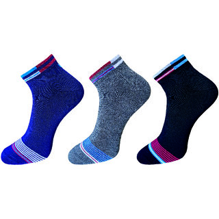                       USOXO Soft Breathable Combed Cotton Ankle Socks For Men Pack Of 3 (Dark grey, Light gery, Navy blue) Elley Strip                                              