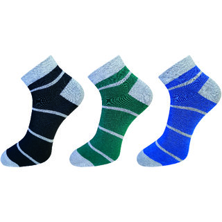                       USOXO Soft Breathable Combed Cotton Ankle Socks For Men Pack Of 3 (Black, Royal blue, Olive green) Four Strip Ankle                                              