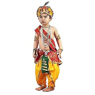                       Kaku Fancy Dresses Krishna Costume (Dhoti, Patka, Pagdi, Mala, Bajuband, Bansuri, Morpankh), 1-2Yrs                                              