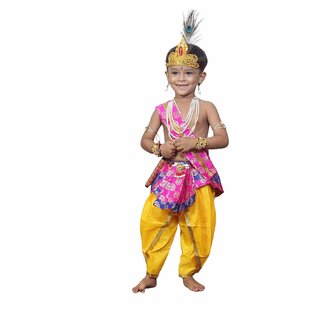                       Kaku Fancy Dresses Krishna Costume (Dhoti, Patka, Mukut, Mala, Bajuband, Bansuri, Morpankh), 1-2Yrs                                              