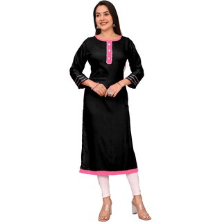                       Padlaya Fashion Women's Solid Straight Fit Rayon Kurta with Lace Work Suitable for Any Ocassion (Color-Black  PF062)                                              