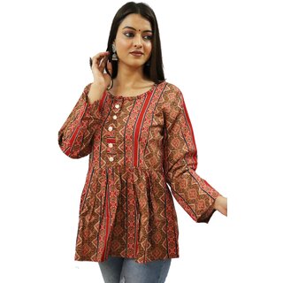                      Brown Color Rajasthani Print Top for Women Top-PF135                                              
