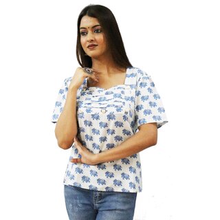                       White Color Elephant Print with Splits Design Top for Women Top-PF137                                              