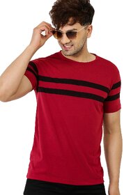 Leotude Men Maroon Striped Cotton Blend Casual T-Shirt