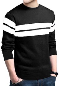 Leotude Men Black Striped Cotton Blend Casual T-Shirt