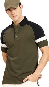 Leotude Men Olive Color Block Cotton Blend Casual T-Shirt