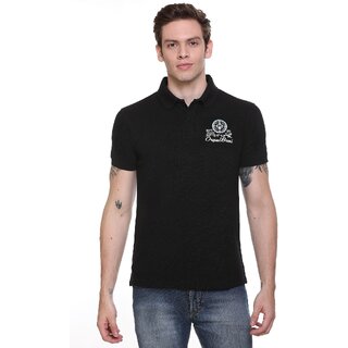                       RAVES Men Solid Polo Collar Poly Cotton Black T-Shirt                                              