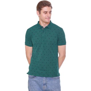                       RAVES Men Printed Polo Collar Poly Cotton Green T-Shirt                                              
