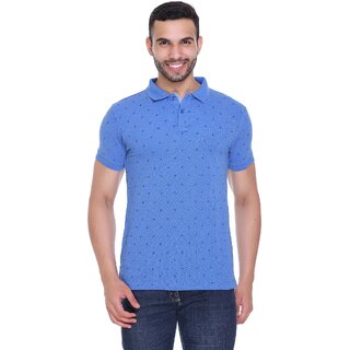                       RAVES Men Printed Polo Collar Poly Cotton Light Blue T-Shirt                                              