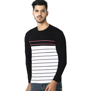                       Leotude Men Black Striped Cotton Blend Casual T-Shirt                                              