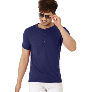 Leotude Men Blue Solid Cotton Blend Casual T-Shirt