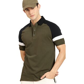                       Leotude Men Olive Color Block Cotton Blend Casual T-Shirt                                              