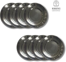 SHINI LIFESTYLE Steel Halva Plates, Old Style Breakfast Plates / Poha Plate, 14 cm Quarter Plate (Pack of 8)