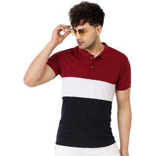                       Leotude Men Maroon Color Block Cotton Blend T-Shirt                                              