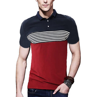                       Leotude Men Maroon Color Block Cotton Blend Casual T-Shirt                                              
