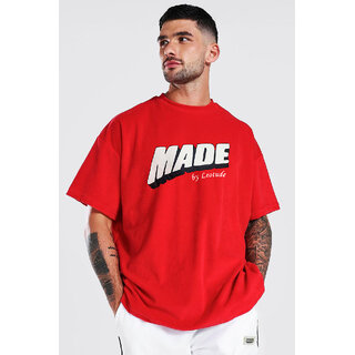                       Leotude Men Red Printed Cotton Blend T-Shirt                                              